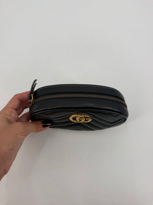 Gucci GG Marmont Matelasse Black Leather Belt Bag Gold GG