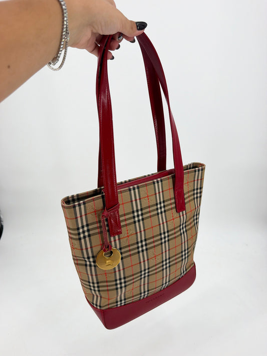 Burberry Nova Check Canvas Red Leather Tote Bag
