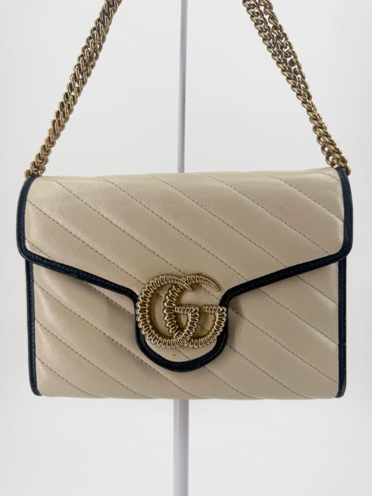 Gucci GG Marmont Torchon White Leather Flap Wallet Navy Trim