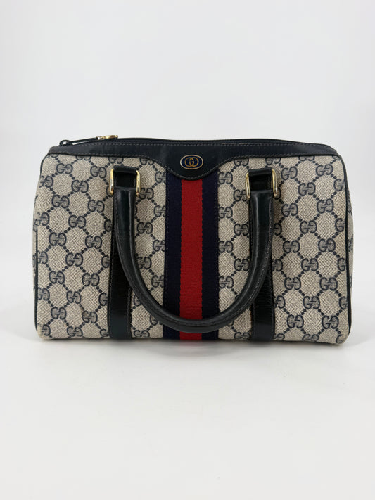 Gucci Vintage GG Supreme Web Stripe Boston Bag Navy Blue Red