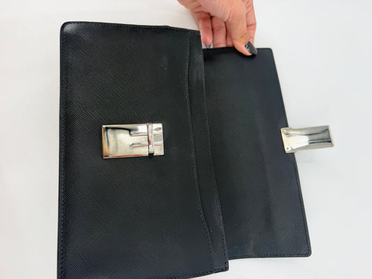 Prada Saffiano Bicolor Navy and Black Flap Clutch Silver Push Lock