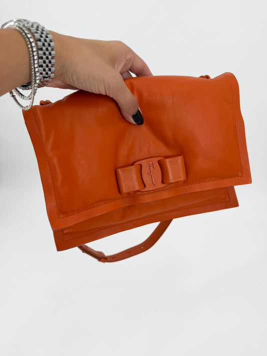 Salvatore Ferragamo Vara Bow Orange Leather Flap Shoulder Bag