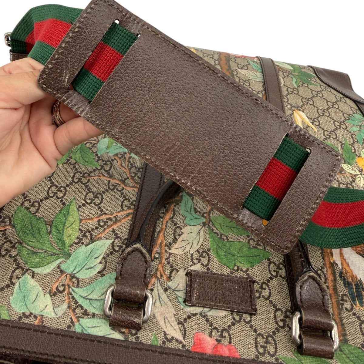 Gucci GG Supreme Tian Leather Tote Bag Ebony Brown Floral Bird Print