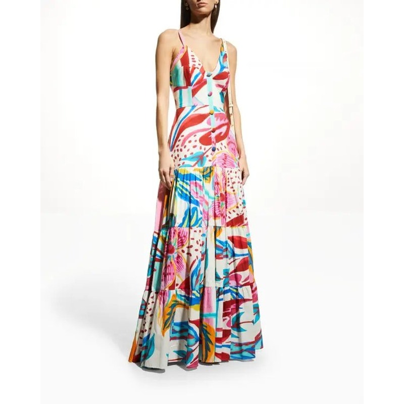 PatBO Floral V-Neck Sleeveless Tiered Maxi Dress Multicolor Women's Size US 6