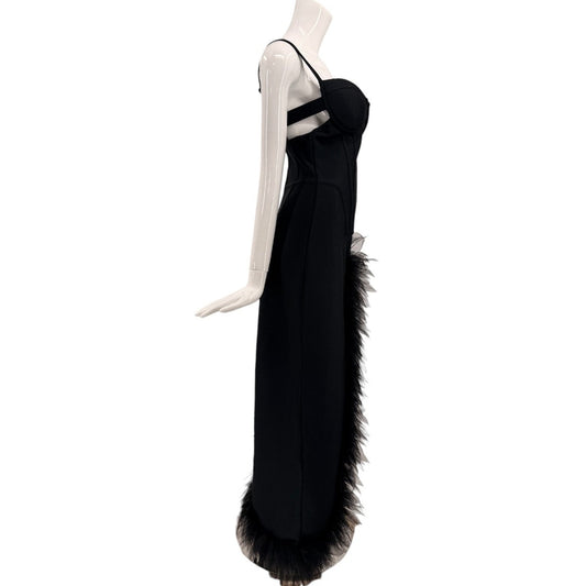 Fashion Nova Black Feather Trim Side Slit Bodycon Maxi Dress Women's Size Large