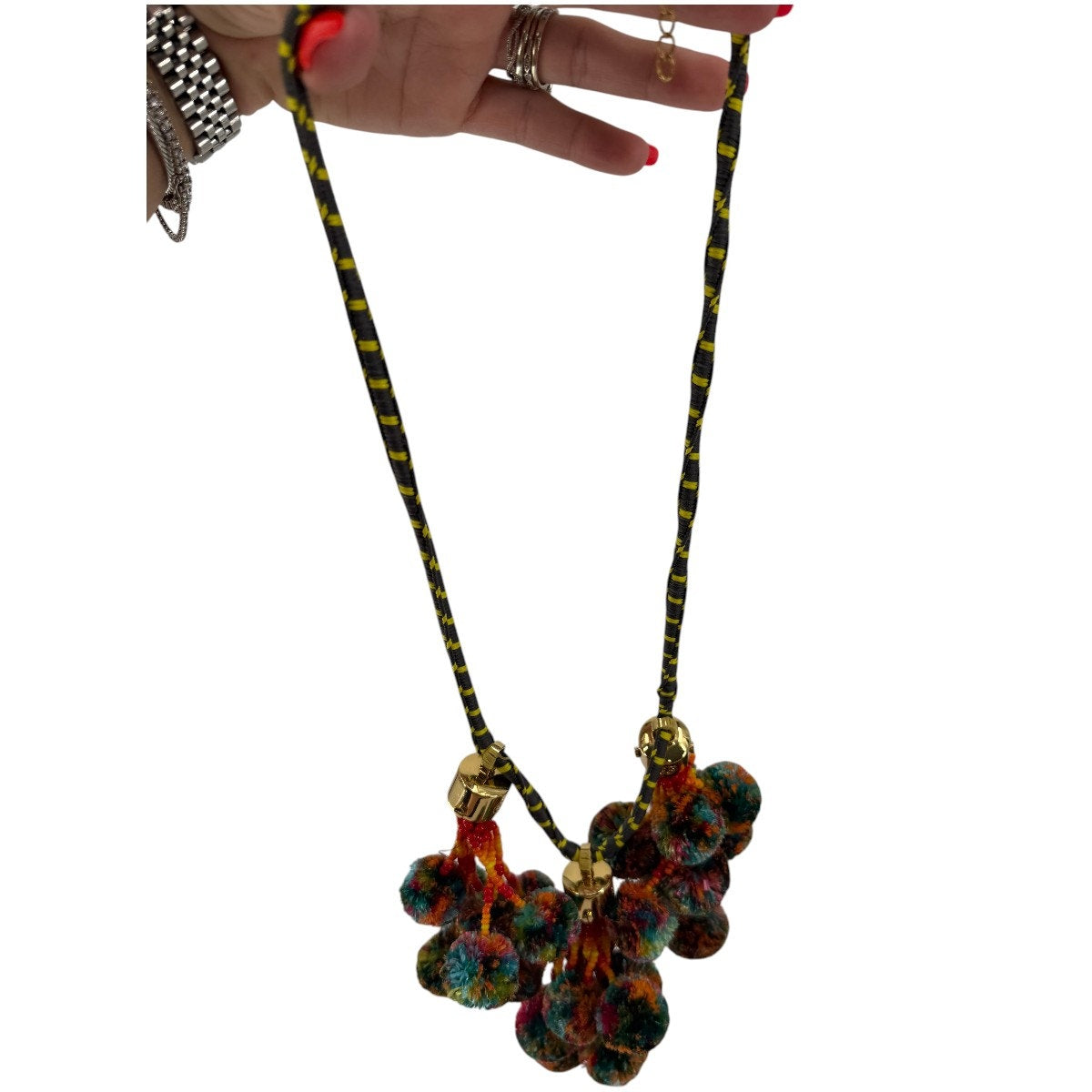 Tory Burch Multicolor Pom Pom Collar Statement Necklace Gold Ton
