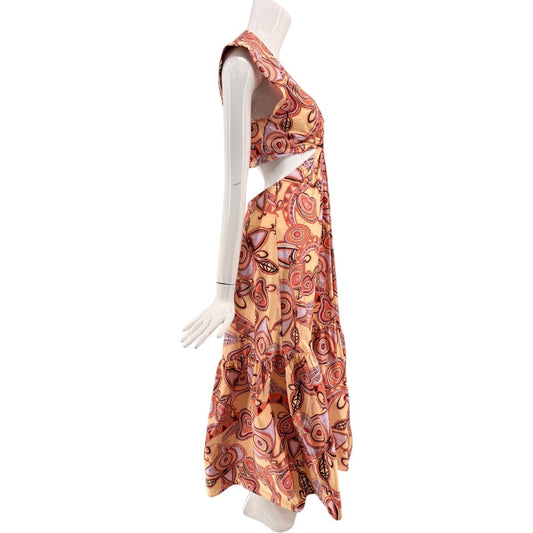 A.L.C. Cotton Blend Abstract Print V-Neck Cut Out Maxi Dress