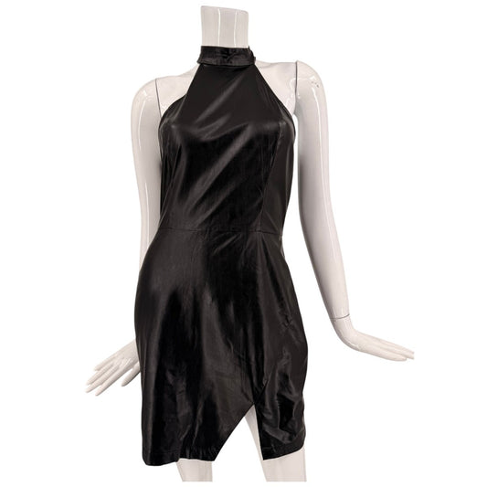Aqua Faux Leather Halter Neck Sleeveless Mini Dress