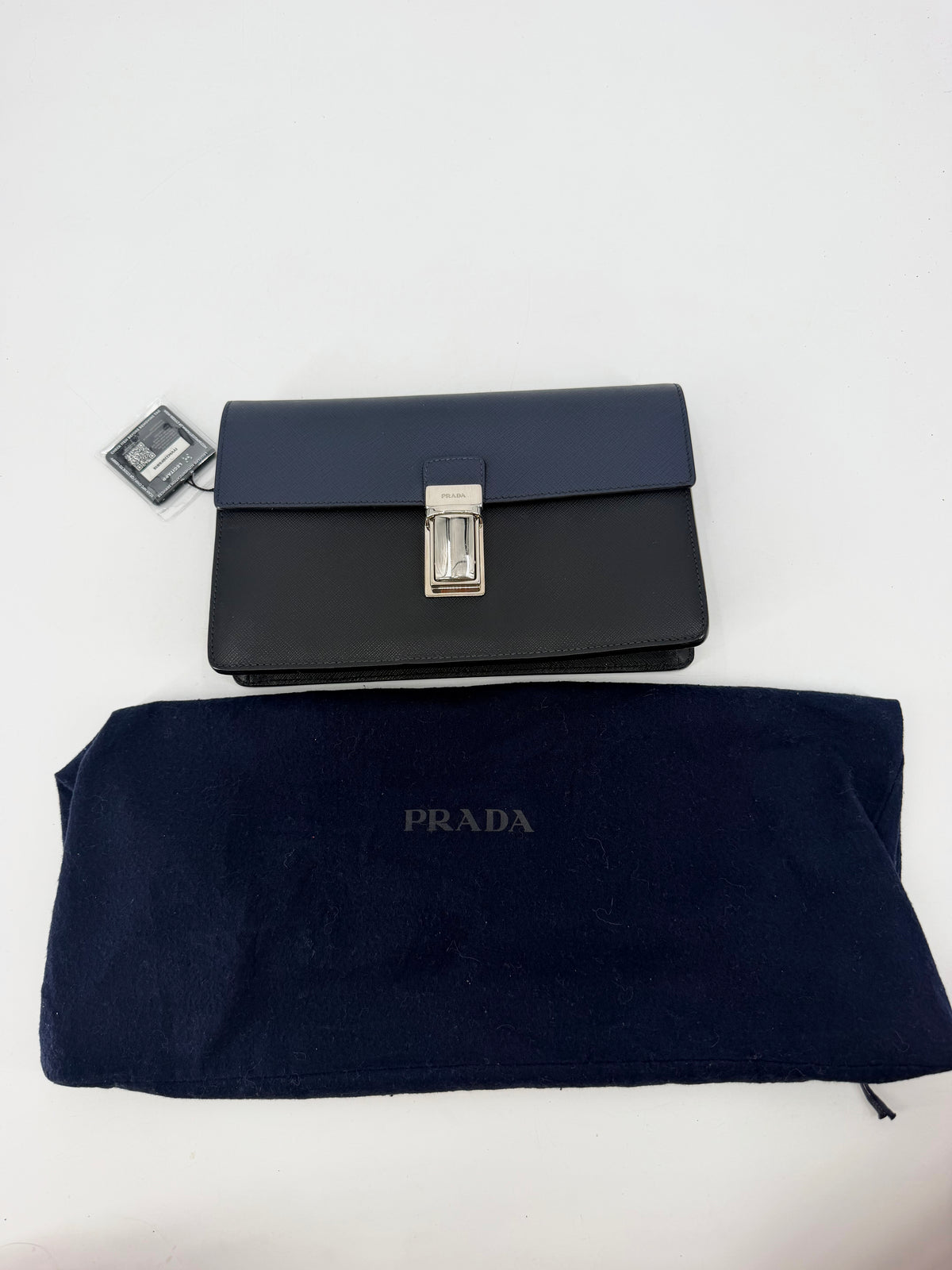 Prada Saffiano Bicolor Navy and Black Flap Clutch Silver Push Lock