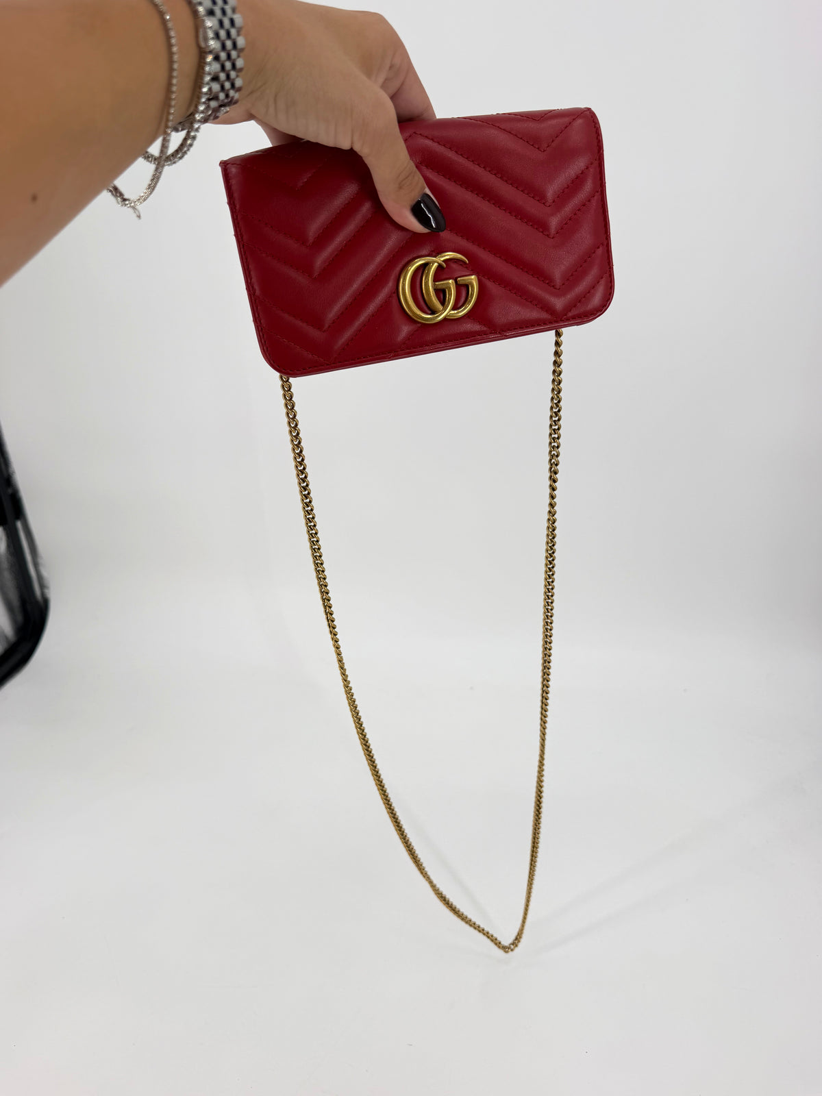 Gucci GG Marmont Matelasse Red Leather Chain Wallet Gold GG