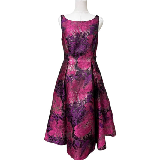 Adrianna Papell Floral Jacquard Pleated Tea Length Dress Pink Purple Size 6