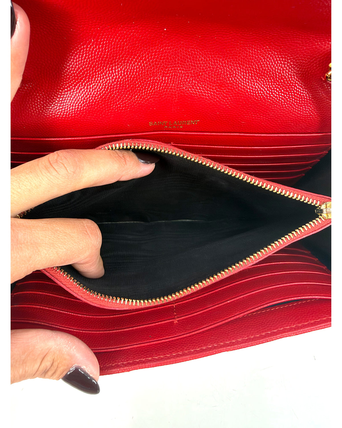 Saint Laurent YSL Matelasse Chevron Red Leather Chain Wallet
