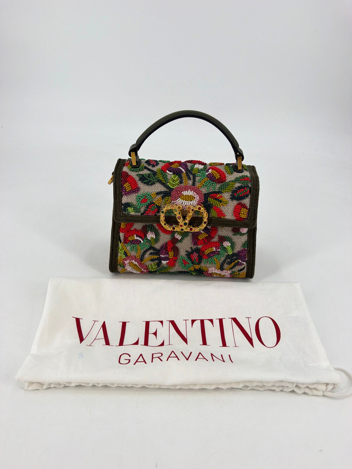 Valentino Garavani Mini VSling Floral Beaded Top Handle Bag Olive VLogo Jewel NEW