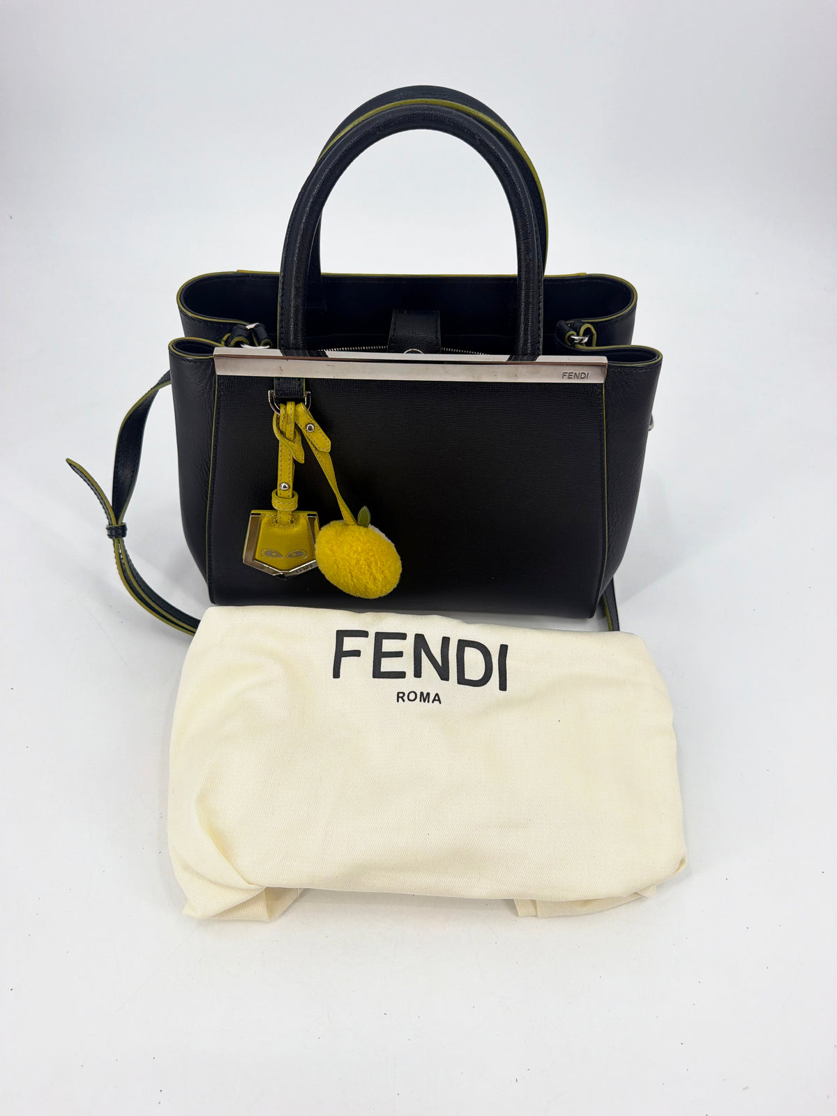 Fendi 2Jours Petite Black Leather Tote Yellow Edge Pom Charm