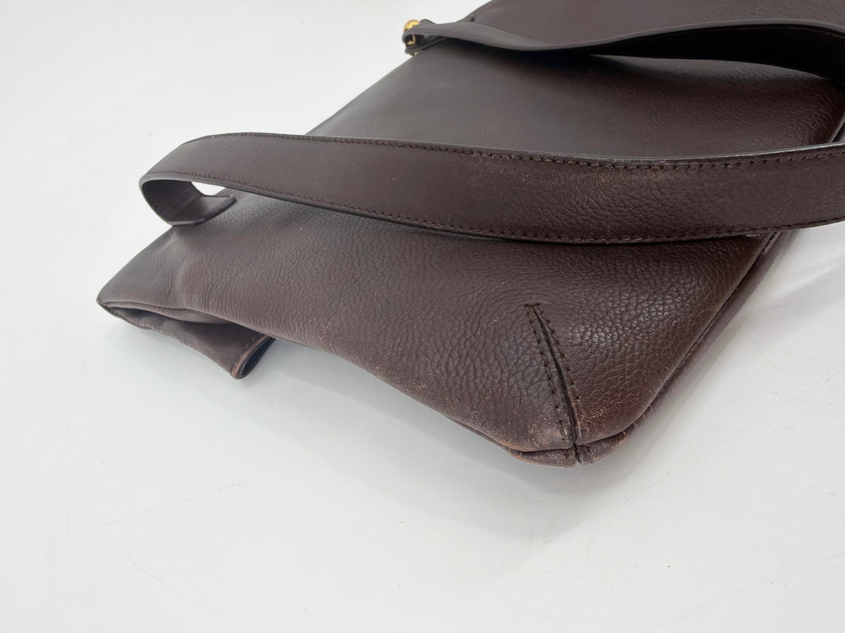 Loewe Vintage Dark Brown Leather Fold-Over Shoulder Bag Gold Plaque
