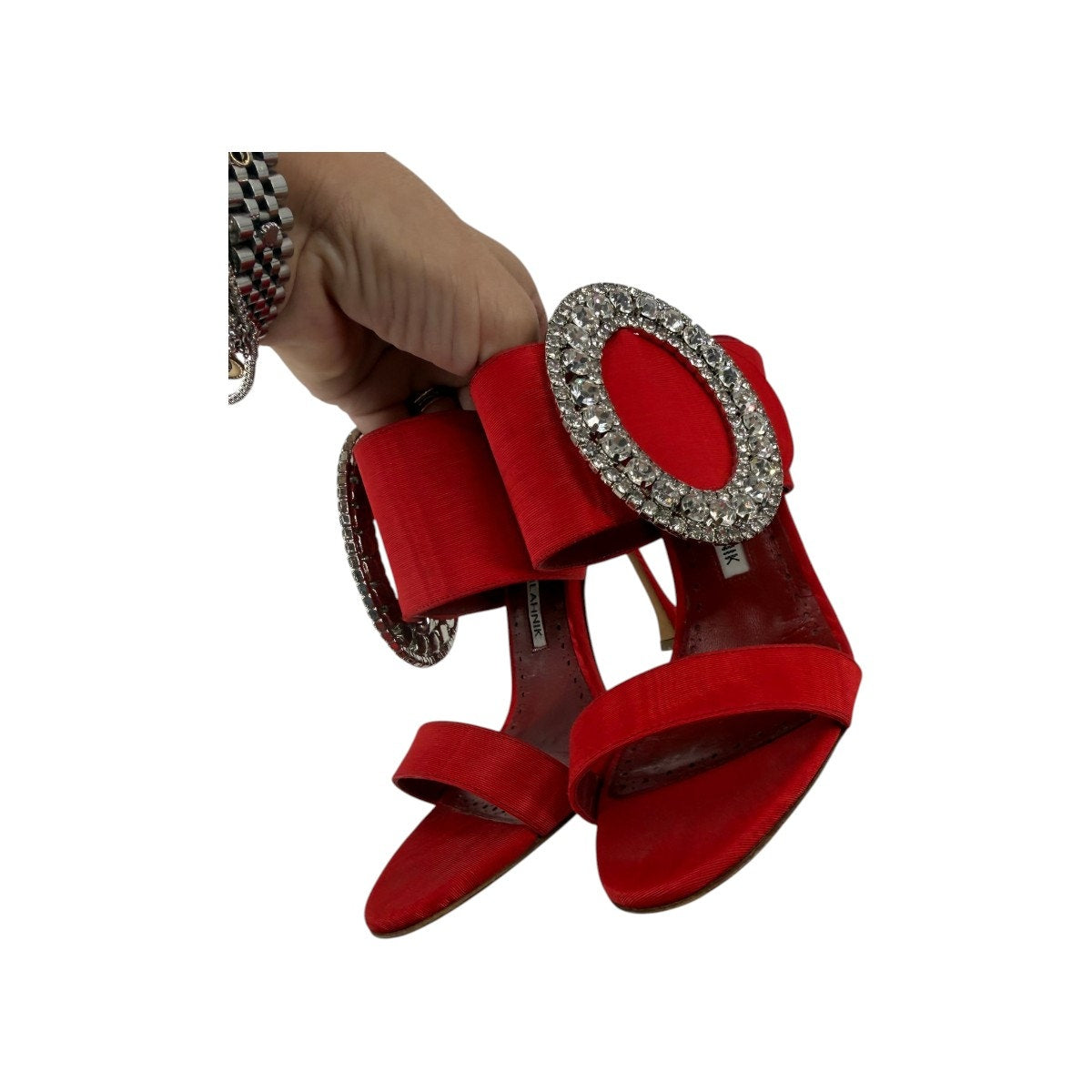 Manolo Blahnik Fibiona Moiré Crystal Buckle Mule Sandals