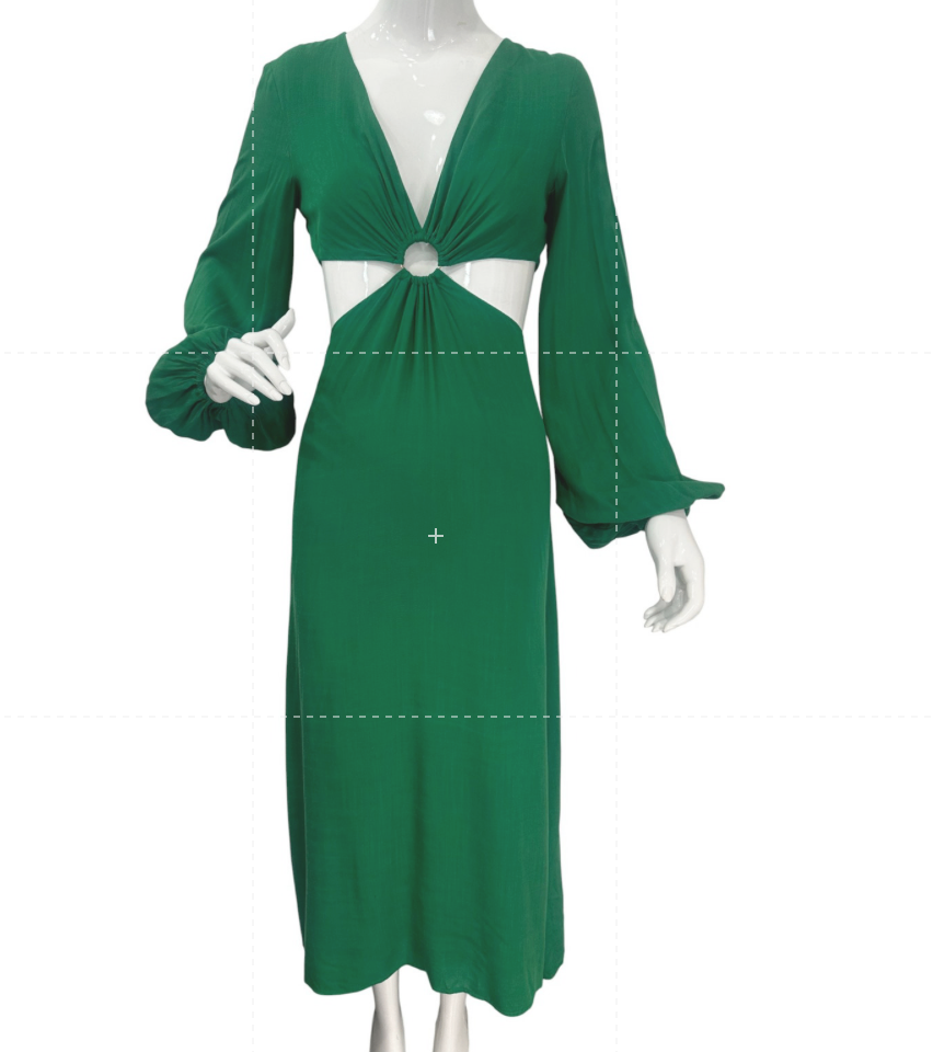 Runaway Front Ring Cut-Out V-Neck Puff Sleeve Midi Dress Green Women's Size XS Apparel & Accessories > Clothing > Dresses Green