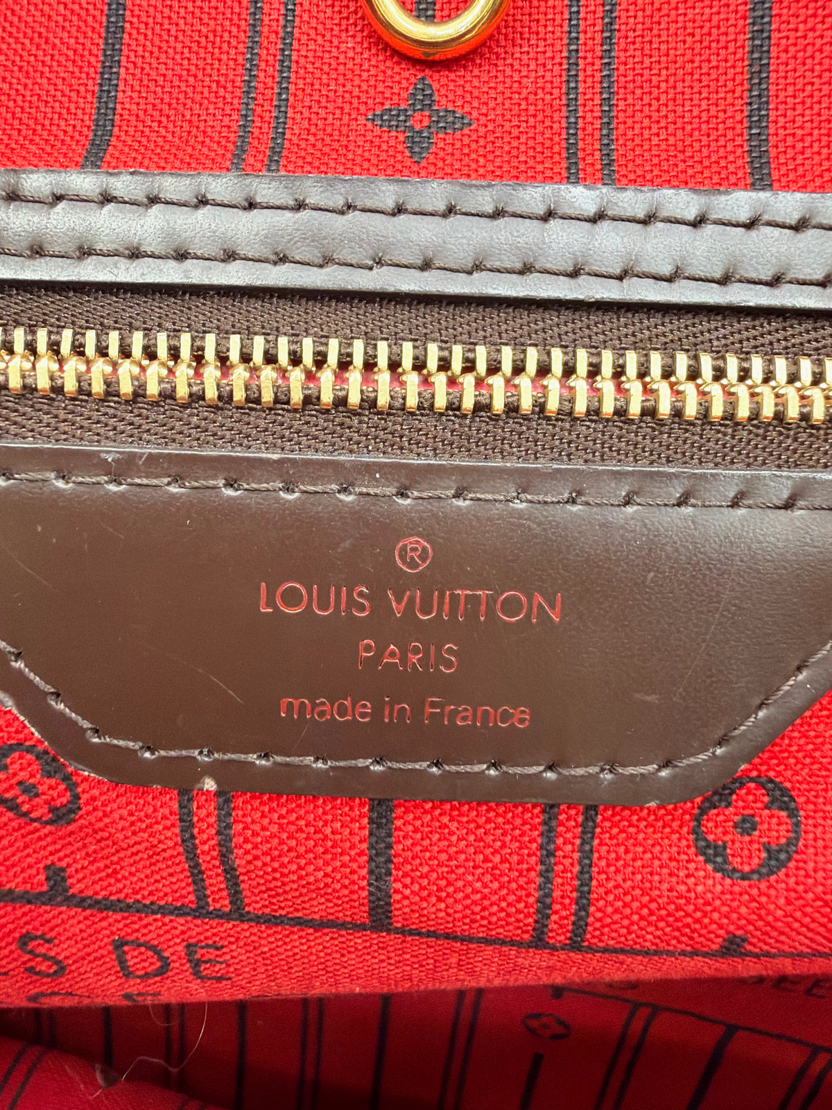 Louis Vuitton Damier Ebene Neverfull GM Tote Brown Red Interior