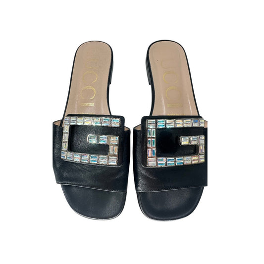 Gucci Leather Madelyn Crystal G Logo Slide Flats Sandals