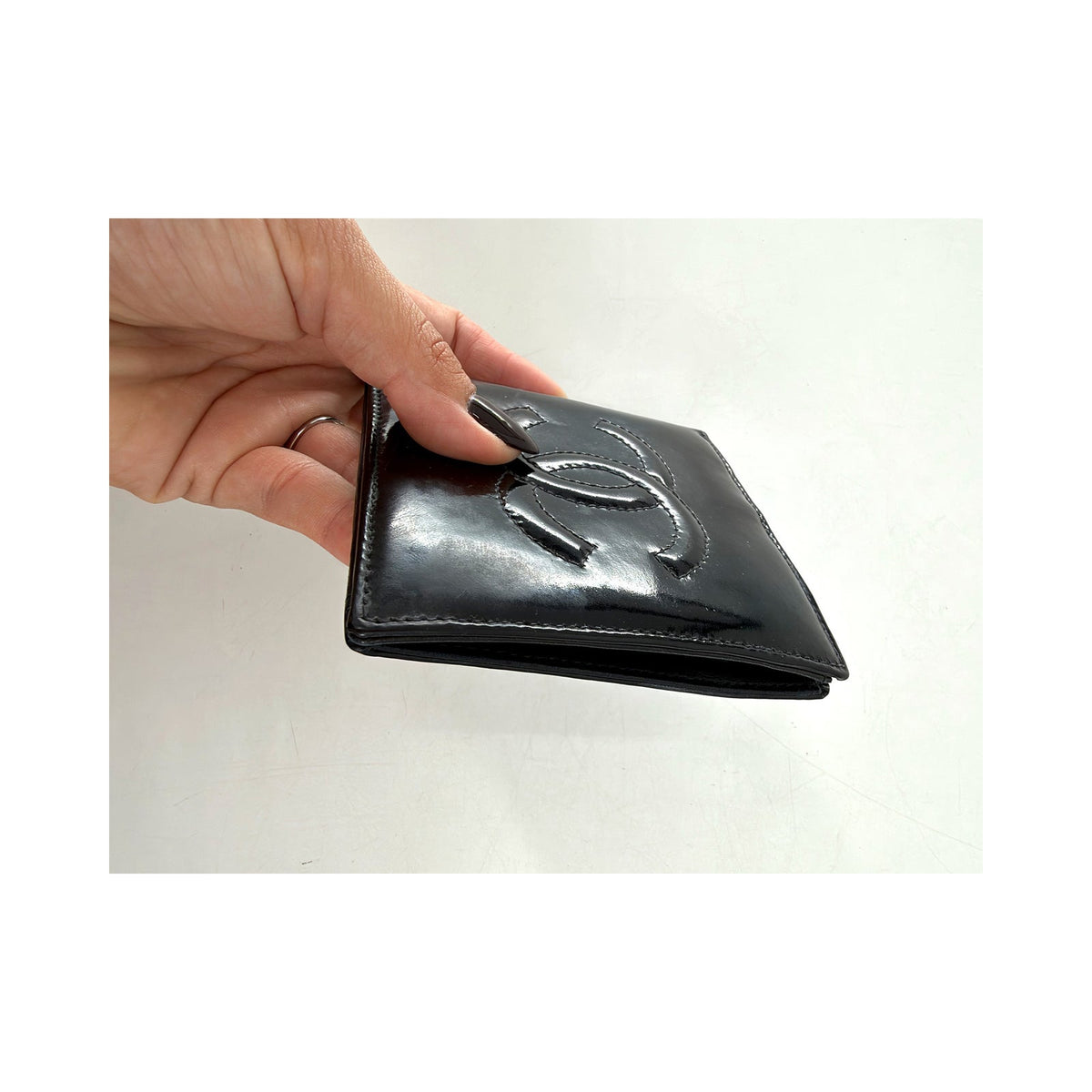 Chanel CC Embossed Patent Leather Compact Wallet Black