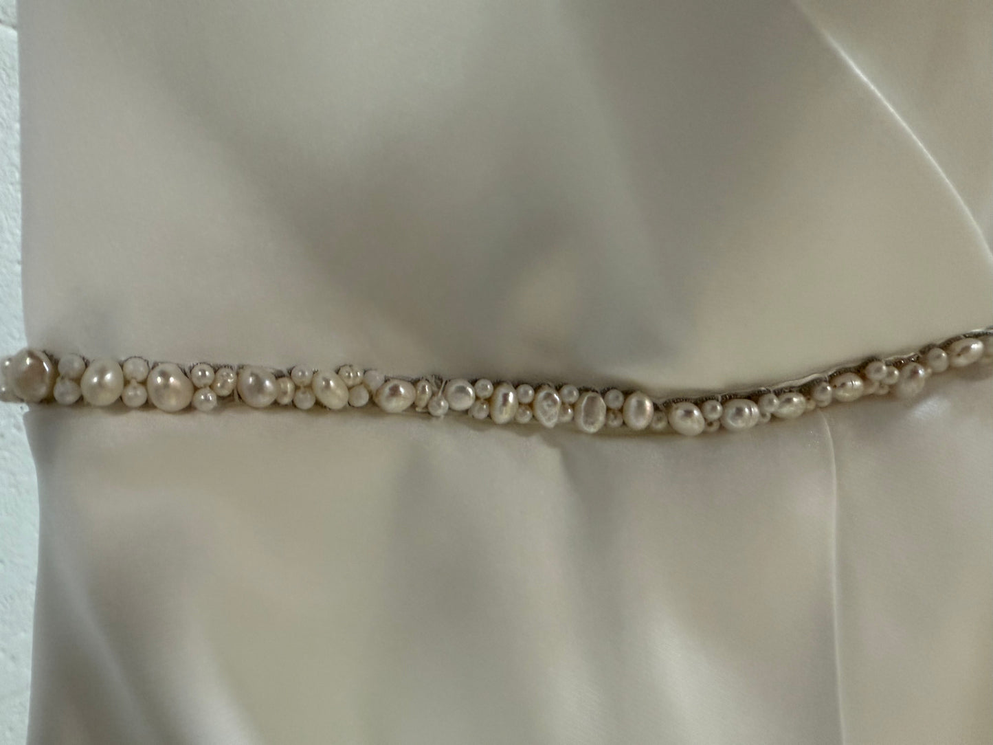 Suzanne Neville Pearl Accent Strapless Pleated Wedding Gown