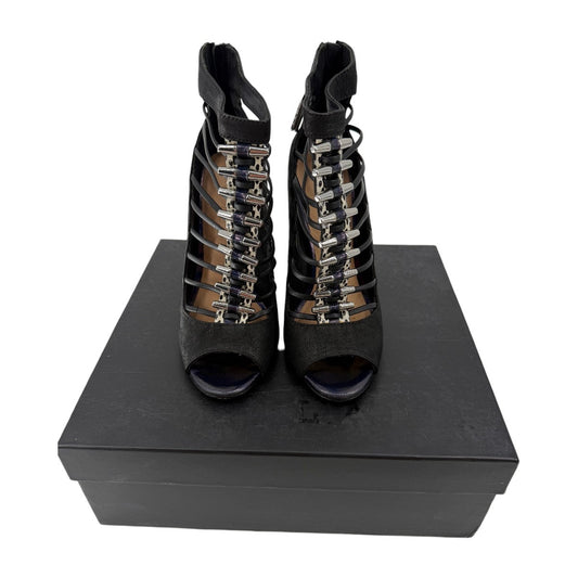 L.A.M.B. Leather Peep Toe Strappy Sandals Ankle Booties Black Women's Size 7