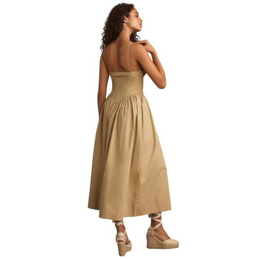Ronny Kobo Cotton Carmine Ruched Bust Fit Flare Midi Dress Beige Women's Size XS