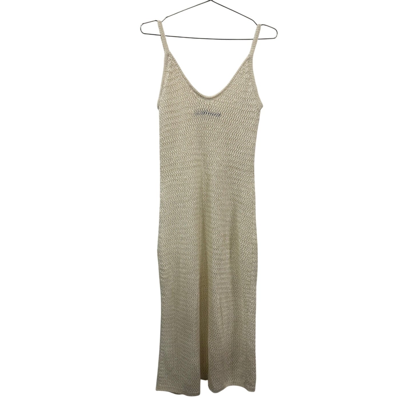 Enza Costa White Linen Ribbed Knit V-Neck Side Slit Maxi Dress Ecru Women's