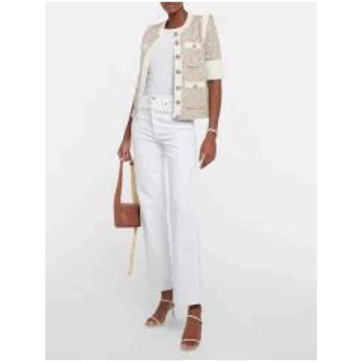Veronica Beard Cream & Beige Short-Sleeve Knit Cardigan XS