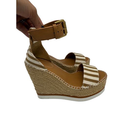 See by Chloé Leather Canvas Glyn Stripe Wedge Espadrille Sandals