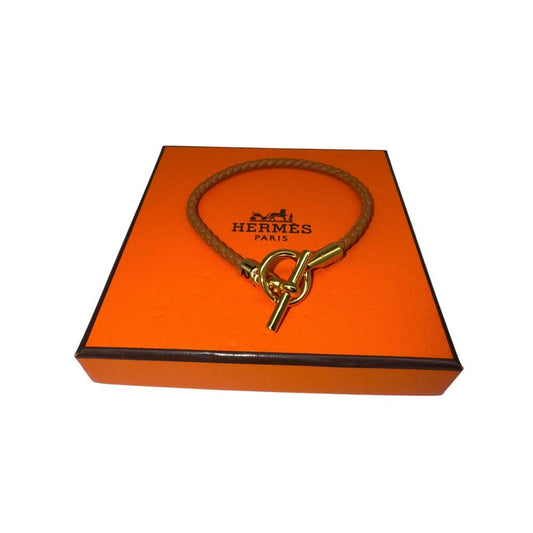 Hermès Leather Braided Gold Plated Glenan Bracelet Brown Size T2