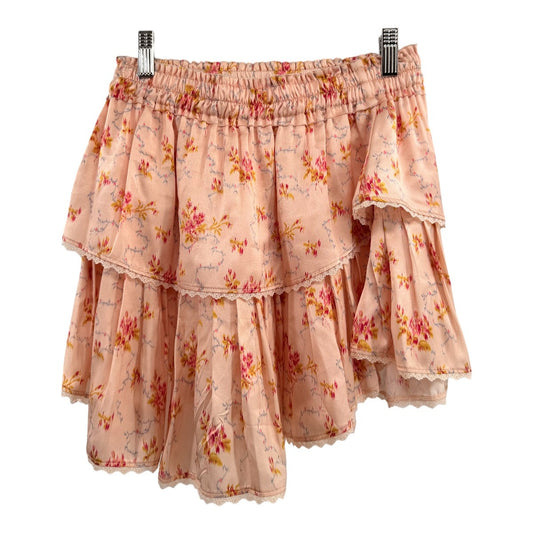 LoveShackFancy Silk Ruffle Floral Print Mini Skirt
