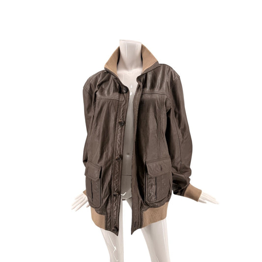 D&G Dolce & Gabbana Goatskin Leather Bomber Field Jacket Brown Men's Size 58