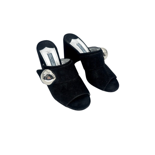 Prada Suede Peep Toe Slip-On Chunky Heel Slide Mules