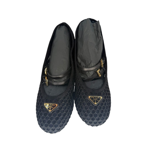 Prada Mesh Logo Calzature Donna Double Straps Ballerina Flats Black Size 37.5