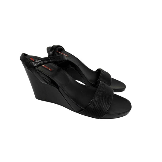 Prada Patent Leather Open Toe Ankle Strap Wedge Sandals