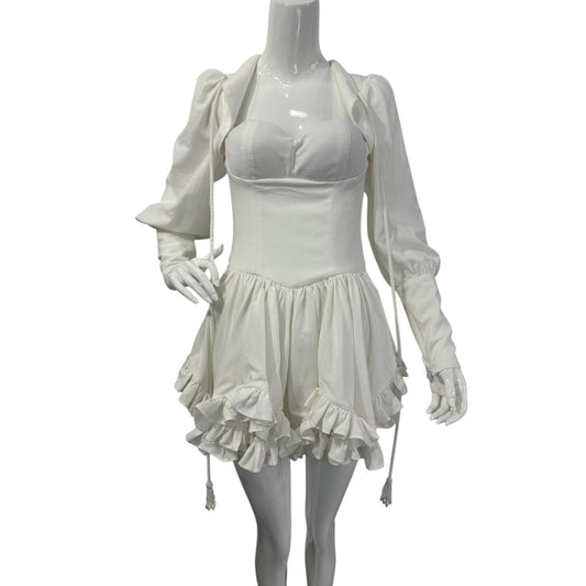 Ivory Atelier Sweetheart Neck Ruffled Hem Puff Sleeves Open Back Mini Dress