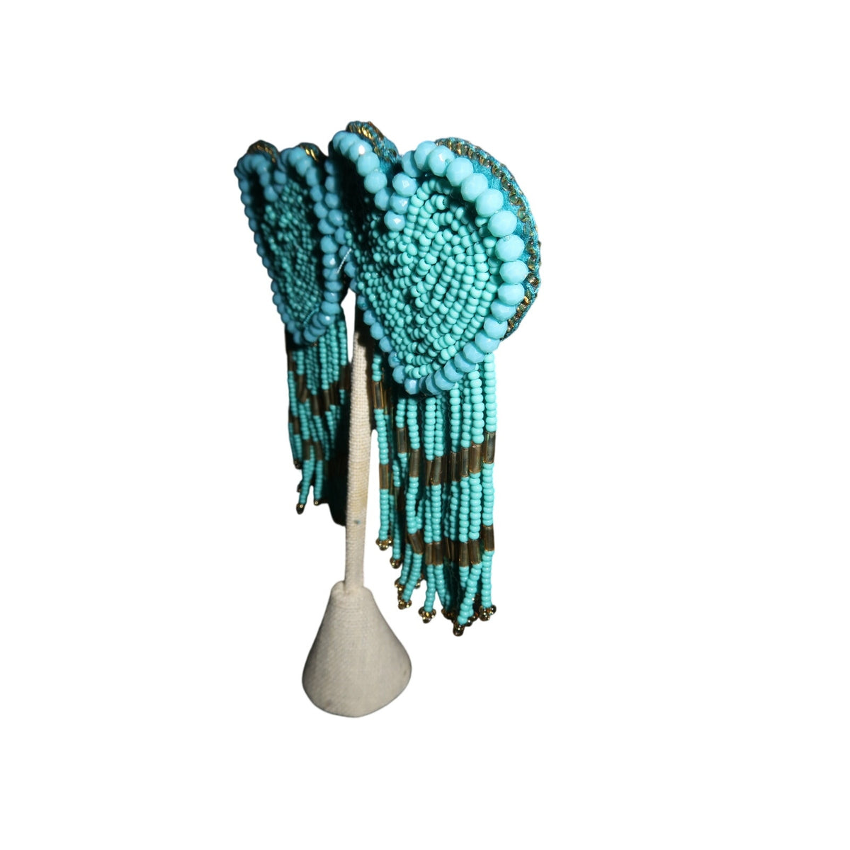 Turquoise Beaded Heart Dangle Earrings Long Tassel Statement Earrings