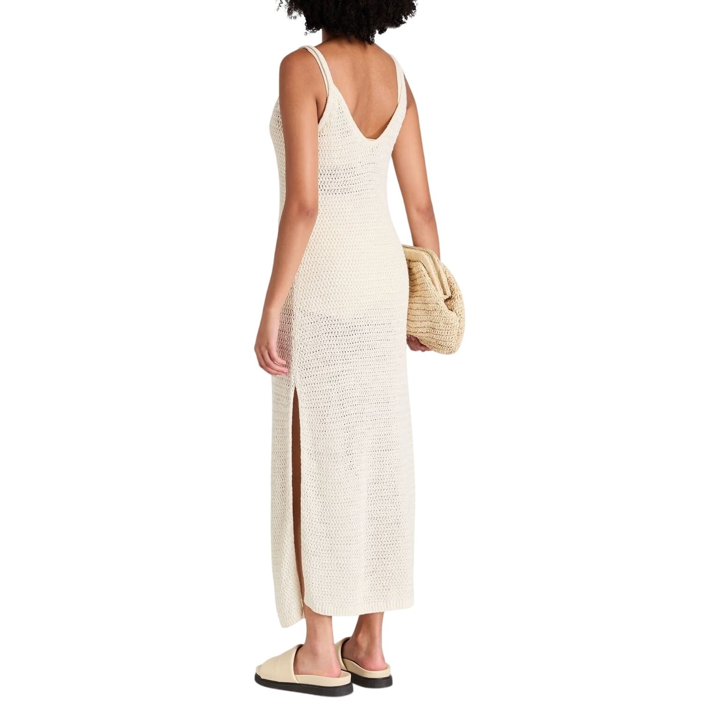 Enza Costa White Linen Ribbed Knit V-Neck Side Slit Maxi Dress Ecru Women's