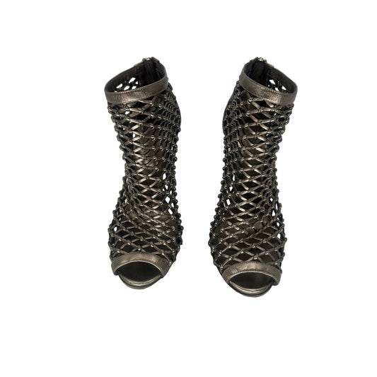 Gucci Leather Metallic Mesh Cage Peep Toe Booties Boots