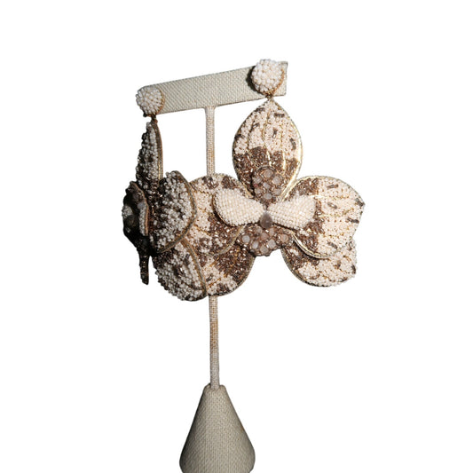 Deepa Gurnani Flower Beaded Dangle Earrings Ivory Gold Bronze Statement