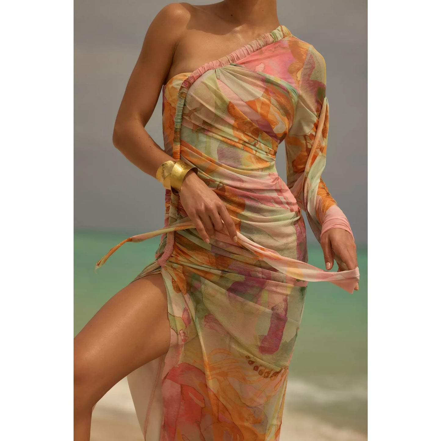 Andrea Iyamah Mesh Turi Abstract One-Shoulder Midi Dress