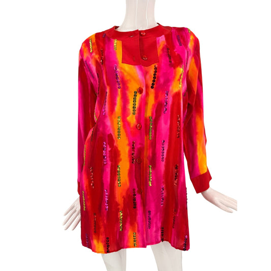 Diane Gilman Silk Sequined Abstract Print Tunic Top