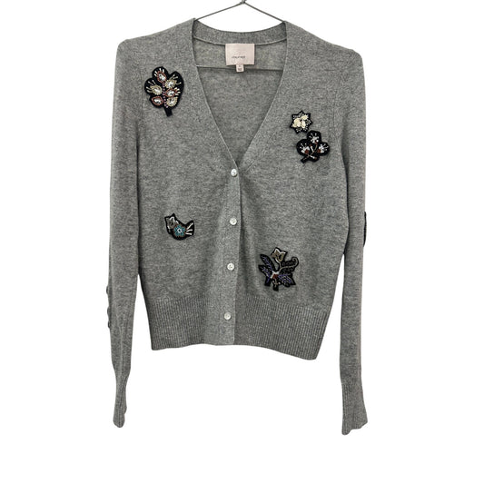 Cinq à Sept Wool V-Neck Graphic Embroidered Sweater Cardigan Gray Women's Size S