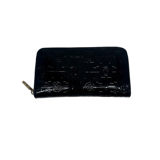 Tory Burch Patent Leather Embossed Print Logo Zip Around Wallet Black