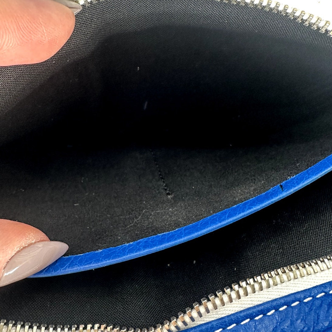 Balenciaga Lambskin Leather Bazar Striped Crossbody Zip Pouch Bag Blue White