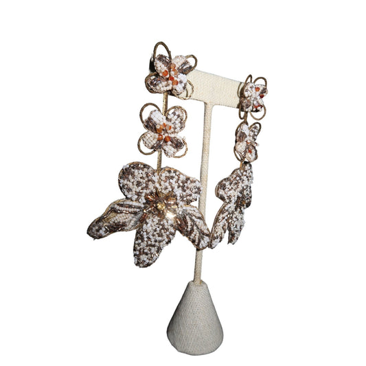 Flower Beaded Gold Cream Floral Chandelier Statement Earrings