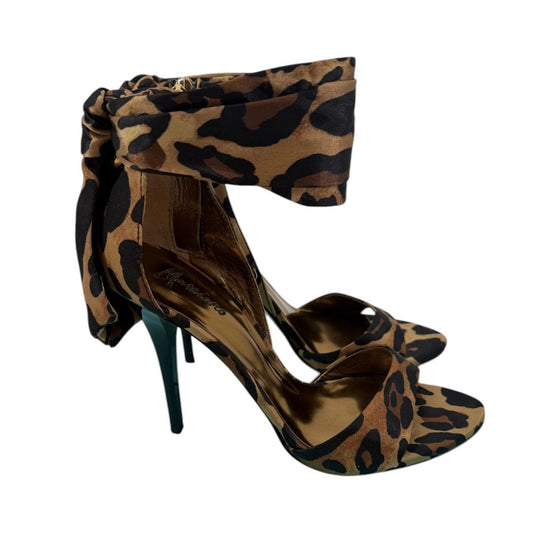 Marciano Roxanne Leopard Satin Ankle Cuff Open-Toe Stiletto Sandals Size 6.5
