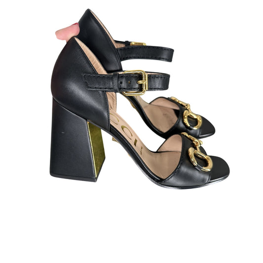 Gucci Leather Horsebit Accent Block Heel Ankle Strap Sandals