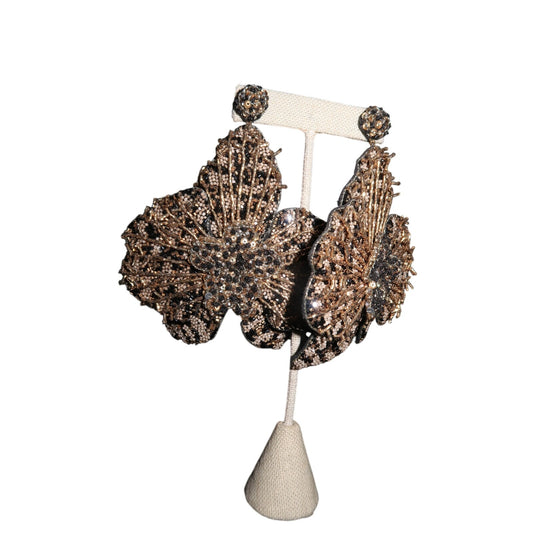 Deepa Gurnani Flower Embroidered Beaded Dangle Earrings Gold Ivory Statement